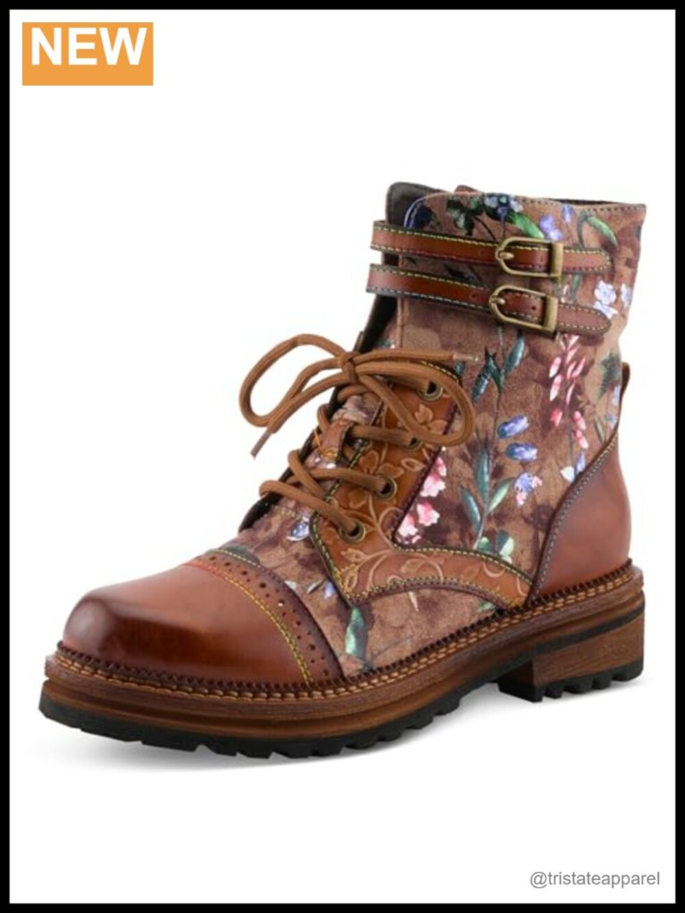 Artistic Faux Leather Ankle Bootie with Floral Print Lace-Up Combat Boot